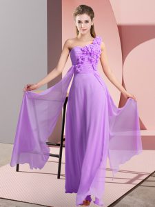 Sleeveless Chiffon Floor Length Lace Up Dama Dress for Quinceanera in Lavender with Hand Made Flower