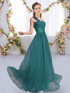 Decent Chiffon One Shoulder Sleeveless Lace Up Ruching Quinceanera Court Dresses in Peacock Green