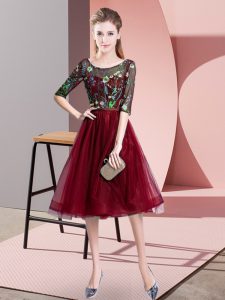 On Sale Embroidery Vestidos de Damas Burgundy Lace Up Half Sleeves Knee Length