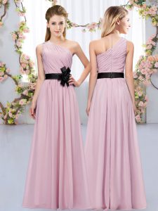Sophisticated Pink Empire One Shoulder Sleeveless Chiffon Floor Length Zipper Belt Dama Dress