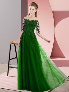 Green Lace Up Dama Dress Beading and Lace Half Sleeves Floor Length