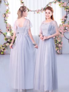 Smart Grey Empire Scoop Short Sleeves Tulle Floor Length Side Zipper Lace and Belt Court Dresses for Sweet 16