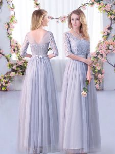 Suitable Floor Length Side Zipper Vestidos de Damas Grey for Wedding Party with Lace and Belt