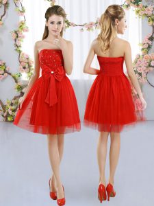 Fantastic Red Tulle Side Zipper Strapless Sleeveless Mini Length Quinceanera Court Dresses Beading and Bowknot