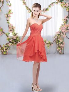 Coral Red Empire Ruffles and Ruching Quinceanera Court of Honor Dress Lace Up Chiffon Sleeveless Knee Length