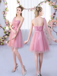 Mini Length Pink Quinceanera Dama Dress Tulle Sleeveless Appliques and Belt