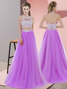 Elegant Halter Top Sleeveless Zipper Lace Damas Dress in Lavender