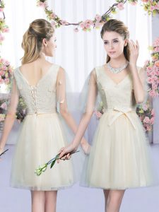 Latest Champagne Tulle Lace Up V-neck Sleeveless Mini Length Quinceanera Court Dresses Bowknot