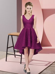 Super A-line Court Dresses for Sweet 16 Dark Purple V-neck Lace Sleeveless High Low Zipper