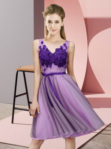 Custom Design Lavender Lace Up Vestidos de Damas Appliques Sleeveless Knee Length