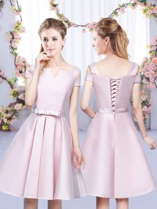 Baby Pink A-line Off The Shoulder Sleeveless Satin Mini Length Lace Up Bowknot Quinceanera Court of Honor Dress