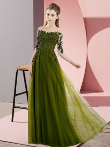 Olive Green Chiffon Lace Up Vestidos de Damas Half Sleeves Floor Length Beading and Lace