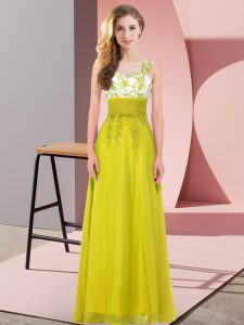 Olive Green Empire Chiffon Scoop Sleeveless Appliques Floor Length Backless Quinceanera Court of Honor Dress