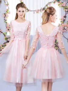 Custom Fit Lace and Belt Dama Dress for Quinceanera Baby Pink Lace Up Half Sleeves Tea Length