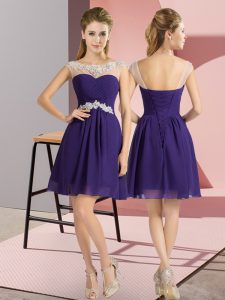 Purple Empire Beading Dama Dress Lace Up Chiffon Cap Sleeves Mini Length
