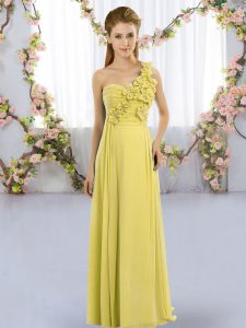 Empire Quinceanera Dama Dress Yellow Green One Shoulder Chiffon Sleeveless Floor Length Lace Up