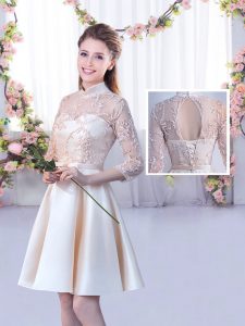 Great Champagne Vestidos de Damas Wedding Party with Lace and Belt High-neck Half Sleeves Lace Up