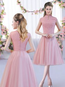 Nice Pink Zipper High-neck Lace Quinceanera Court Dresses Tulle Cap Sleeves
