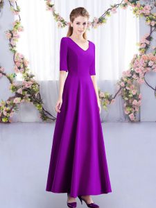 Eggplant Purple Half Sleeves Ankle Length Ruching Zipper Quinceanera Court Dresses