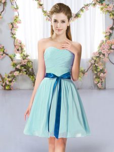 Aqua Blue Chiffon Lace Up Quinceanera Court Dresses Sleeveless Mini Length Belt