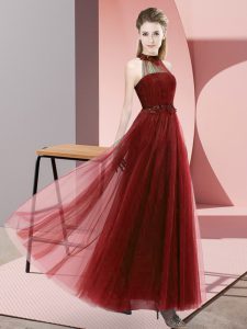 Glorious Wine Red Empire Tulle Halter Top Sleeveless Beading and Appliques Floor Length Lace Up Damas Dress