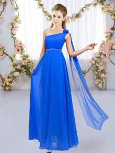 Fantastic Floor Length Royal Blue Quinceanera Dama Dress Chiffon Sleeveless Beading and Hand Made Flower