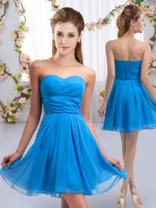 Sexy Baby Blue Empire Chiffon Sweetheart Sleeveless Ruching Mini Length Lace Up Dama Dress