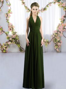 Designer Halter Top Sleeveless Lace Up Dama Dress Olive Green Chiffon