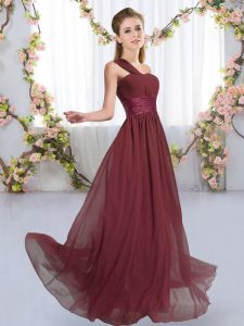 Customized Burgundy Sleeveless Floor Length Ruching Lace Up Court Dresses for Sweet 16