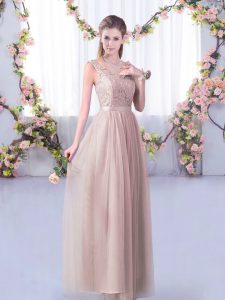 Perfect Pink Empire V-neck Sleeveless Tulle Floor Length Side Zipper Lace and Belt Damas Dress