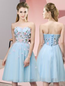 Light Blue Lace Up Sweetheart Appliques Quinceanera Court Dresses Tulle Sleeveless