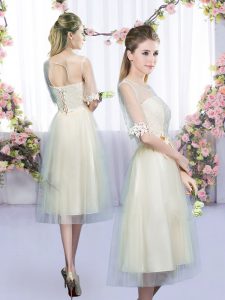 Champagne Half Sleeves Lace and Bowknot Tea Length Damas Dress