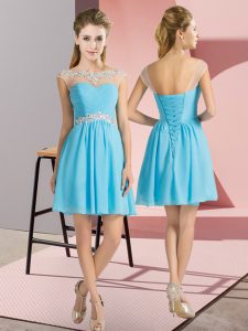 Aqua Blue Quinceanera Court Dresses Wedding Party with Beading Bateau Cap Sleeves Lace Up