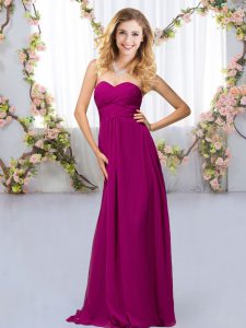 Fitting Floor Length Criss Cross Quinceanera Court of Honor Dress Fuchsia for Wedding Party with Beading