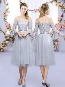 3 4 Length Sleeve Lace Up Tea Length Lace and Belt Dama Dress for Quinceanera