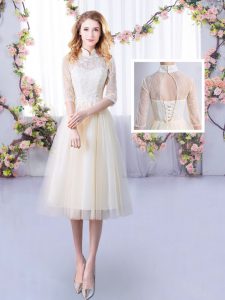 Superior Tea Length Champagne Dama Dress High-neck Half Sleeves Lace Up