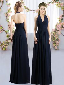 Lovely Halter Top Sleeveless Lace Up Dama Dress for Quinceanera Navy Blue Chiffon