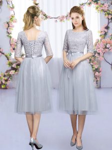 Stunning Grey Dama Dress Wedding Party with Lace and Belt Scoop Half Sleeves Lace Up