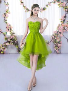 Olive Green A-line Tulle Sweetheart Sleeveless Lace High Low Lace Up Damas Dress
