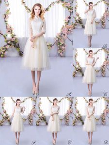 Traditional Champagne Lace Up High-neck Lace Quinceanera Court Dresses Tulle Half Sleeves