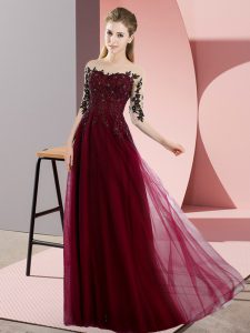 Burgundy Empire Chiffon Bateau Half Sleeves Beading and Lace Floor Length Lace Up Dama Dress