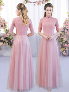 Pink Tulle Zipper Quinceanera Dama Dress Half Sleeves Floor Length Lace