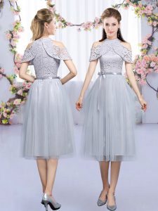 Captivating Sleeveless Tulle Tea Length Zipper Quinceanera Court of Honor Dress in Grey with Lace and Belt