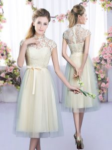Comfortable Tea Length Zipper Court Dresses for Sweet 16 Champagne for Wedding Party with Lace and Bowknot
