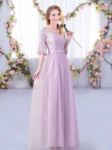 Traditional Floor Length Side Zipper Dama Dress for Quinceanera Lavender for Wedding Party with Lace and Belt