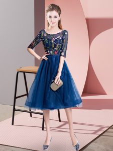 On Sale Tulle Scoop Half Sleeves Lace Up Embroidery Vestidos de Damas in Navy Blue
