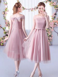 Enchanting Pink Tulle Lace Up Quinceanera Court of Honor Dress Sleeveless Tea Length Belt