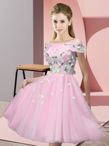 Modern Knee Length Empire Short Sleeves Baby Pink Court Dresses for Sweet 16 Lace Up