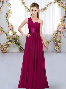 Fuchsia Lace Up One Shoulder Belt Dama Dress for Quinceanera Chiffon Sleeveless