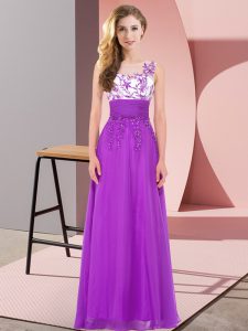 Inexpensive Sleeveless Chiffon Floor Length Backless Court Dresses for Sweet 16 in Purple with Appliques